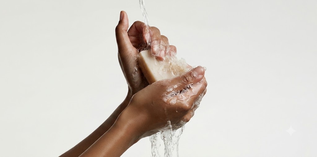 Hands cleansing with a natural soap bar under running water